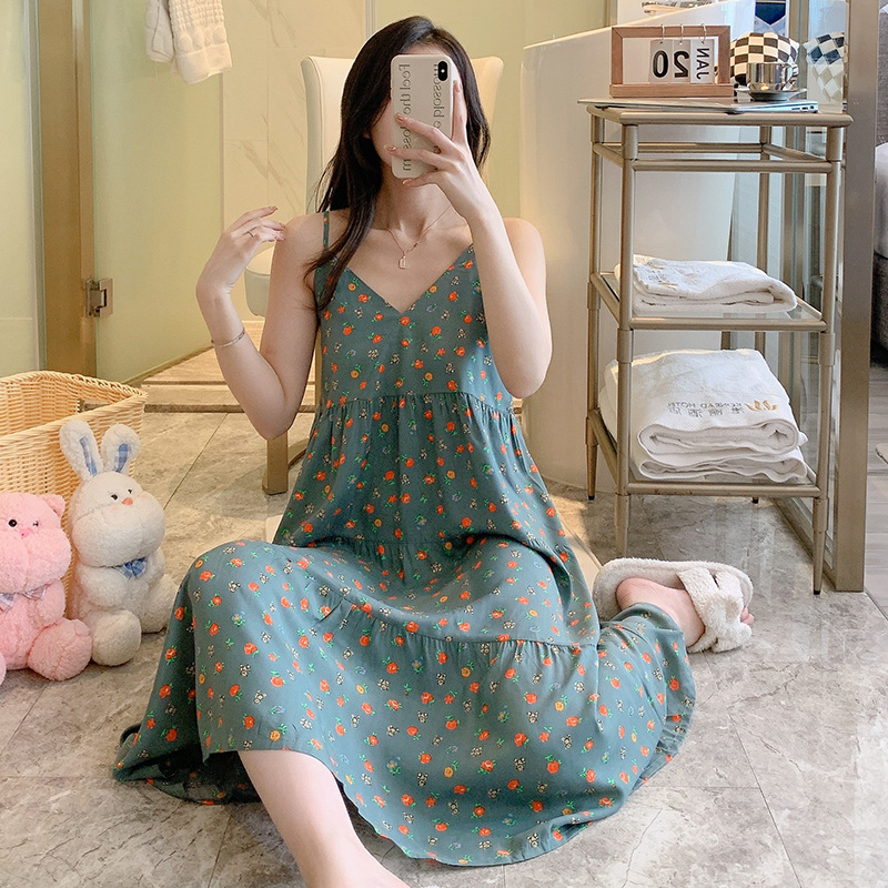 Artificial Cotton Nightdress Women's Summer New Small Floral Strap Dress Internet Celebrity Live Large Size Long Pajamas Home