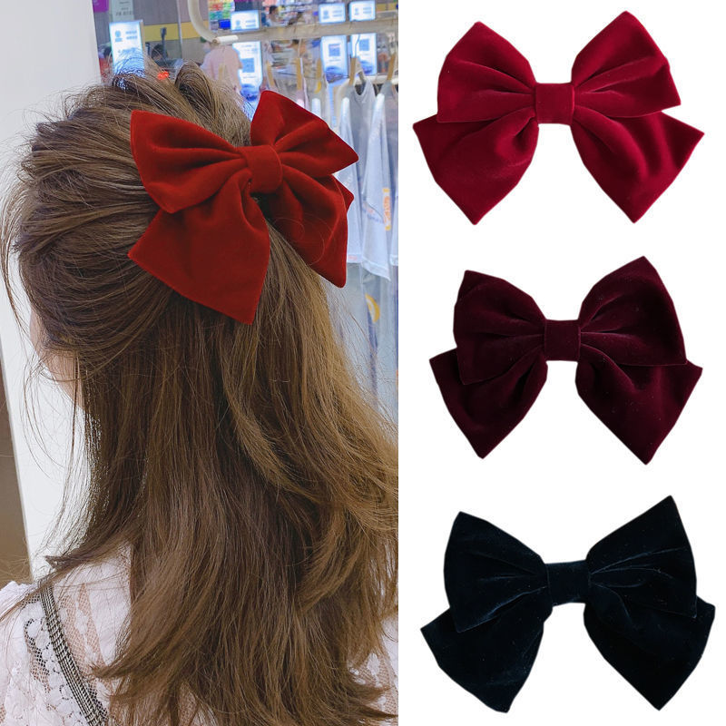 Retro Barrettes Red and Black Velvet Textured Bow Hair Accessories Wide Brim Daze Korean Style Student Temperamental Pairs Horsetail Headwear