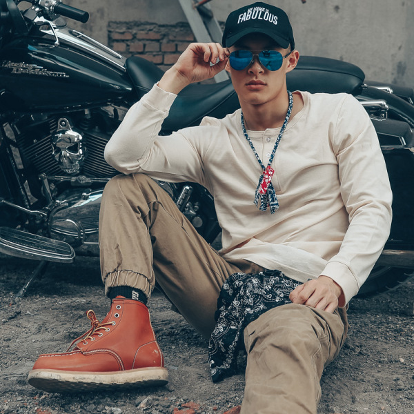 欧美硬汉阿美咔叽美式复古重磅t恤亨利领长袖短男内搭打底衫