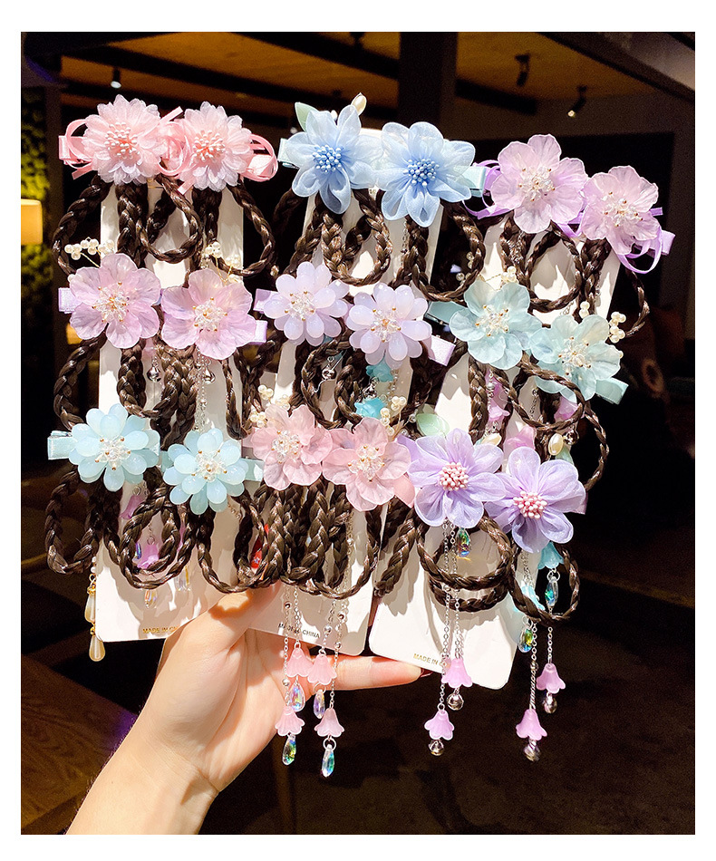 古风假发辫子头花朵发饰儿童汉服头饰中国风女童古装流苏发夹发卡