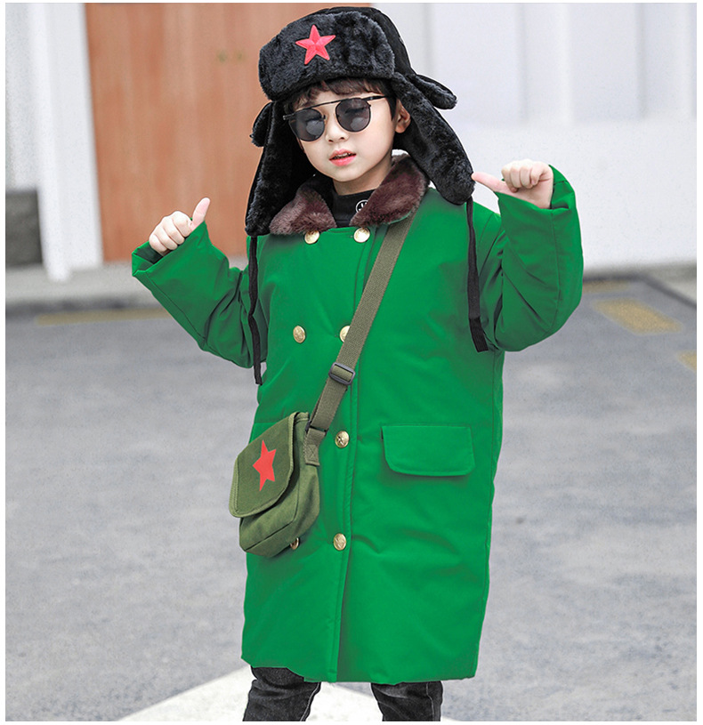 男童棉衣2020新款网红儿童军大衣加厚棉袄军绿色男女加绒棉服外套