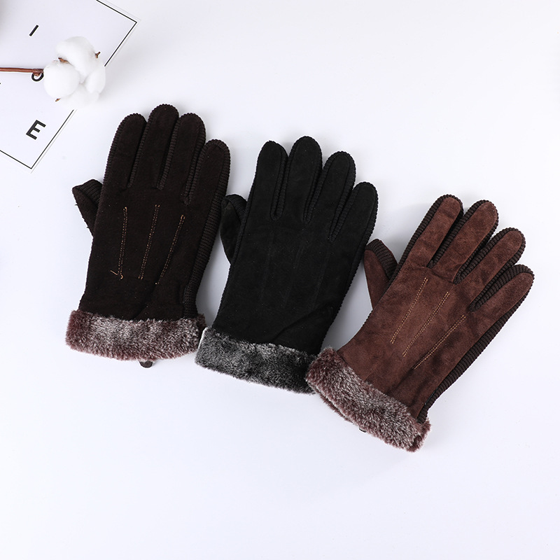 Factory Direct Sales Solid Color Autumn and Winter Men's Thickened Gloves Velvet Lined Warm Gloves Pigskin Outdoor Sports Gloves