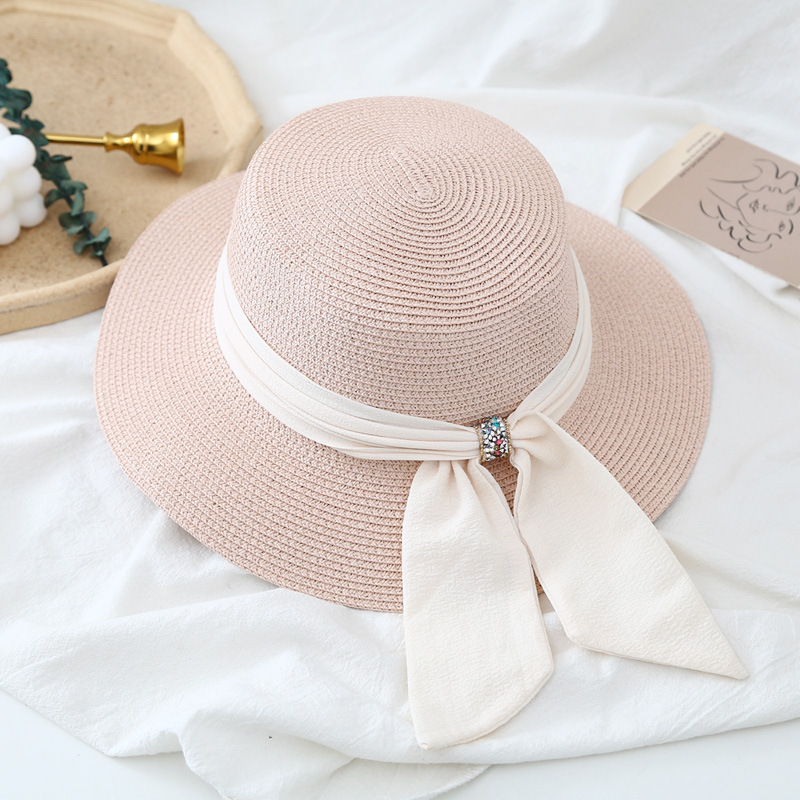 Wide Brim Flat Straw Hat Women's Summer Outing Fashion Bowknot Sun Hat Sun Protection Hat Sun Hat Casual Beach