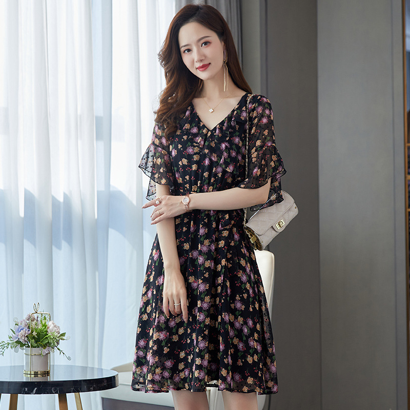 Women's Chiffon Floral Dress Summer 2023 New V-neck Short Sleeve Small-Sized Slimming Temperamental Mother Waist-Slimming Dress