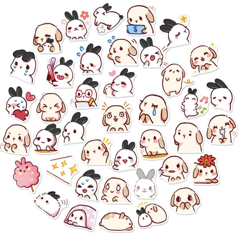 40张可爱兔子贴纸卡通创意动物表情贴文具水杯防水装饰小手账贴纸
