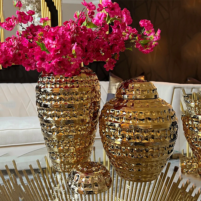 European Entry Lux Electroplated Ceramic Stripe Temple Jar Open Large Vase Model Room Living Room and Hotel Entrance Decoration