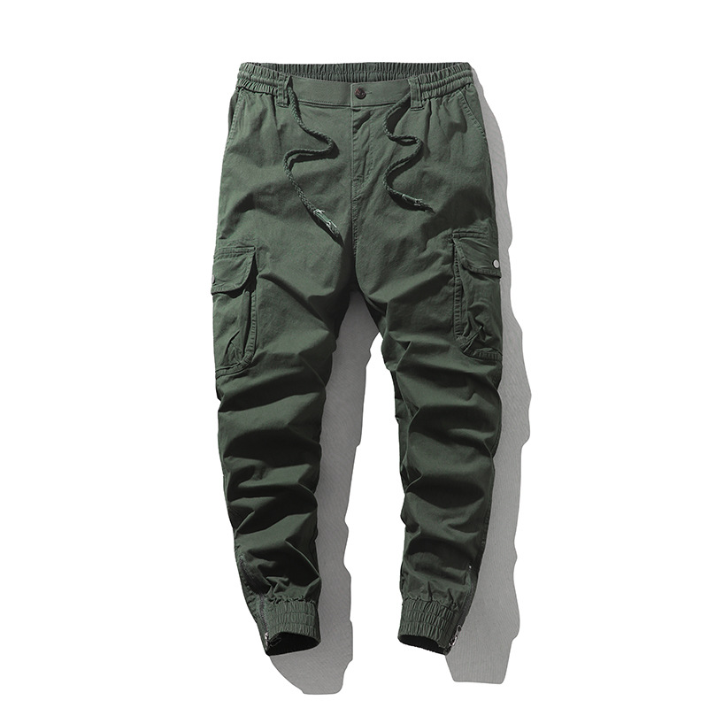 Spring and Autumn Washed-out Vintage Casual Pants Men‘s Ankle-Tied Zipper Camouflage Cargo Pants Multi-Pocket Trousers Sports Trousers Cotton Stretch