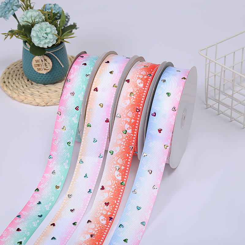 New Love Hot Rhinestone Ribbon Flower Porcelain Printing Ribbon Creative Dacron Ribbon Gift Bouquet Packing Ribbon Wholesale