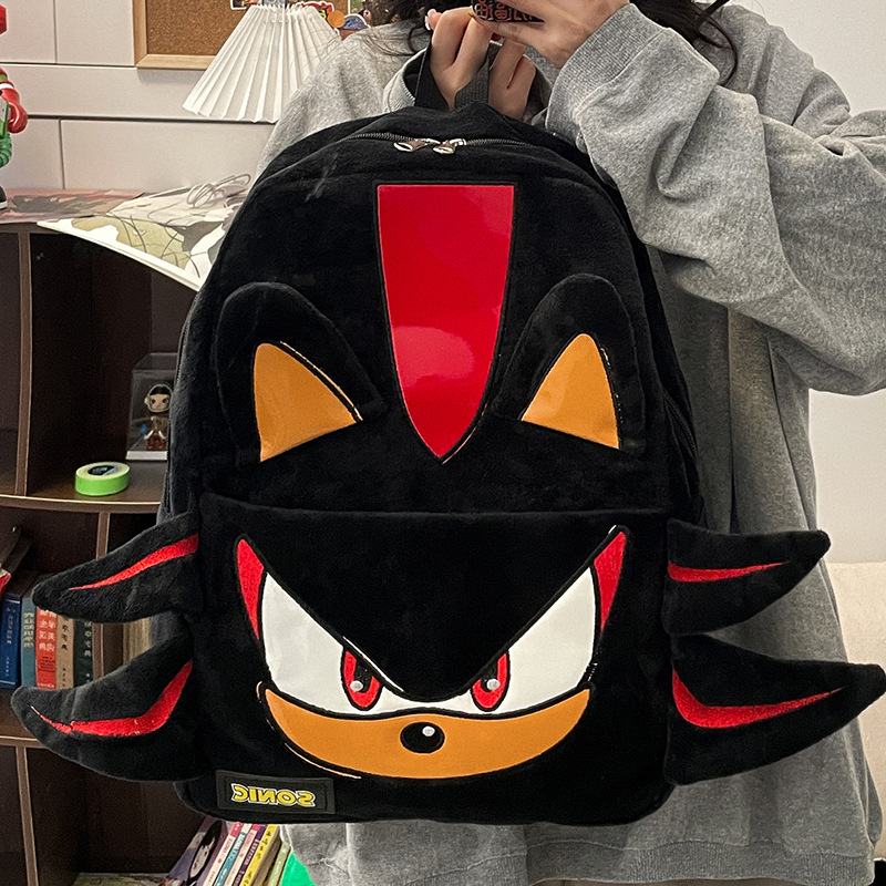 百搭索尼克暗影黑色毛绒卡通大容量小众学生双肩包情侣旅行书包