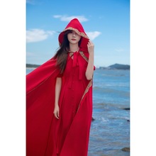 实拍 青海沙漠旅拍红色民族风蕾丝接拼长款宽松度假连帽裙摆斗篷