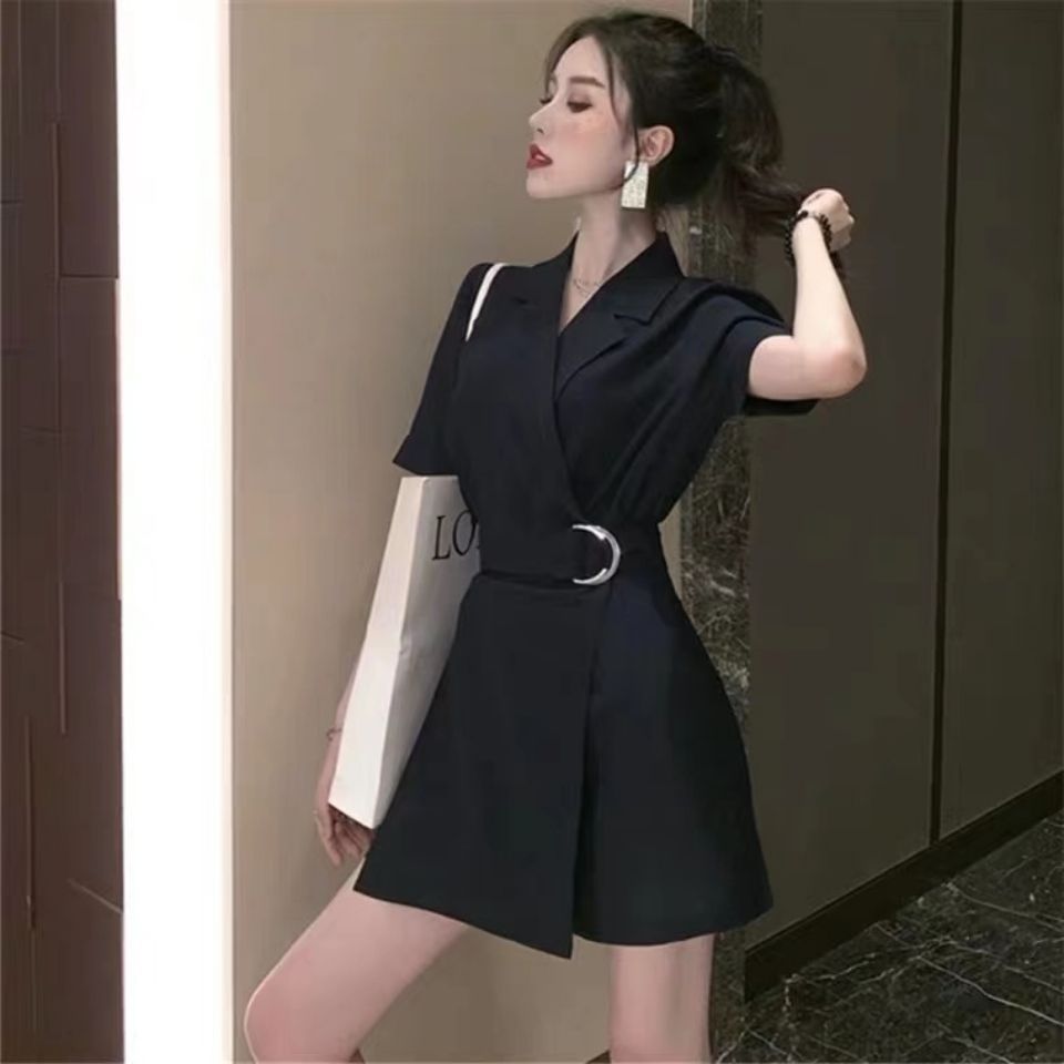 气质收腰显瘦黑色法式复古小黑裙短裙职业装西装裙连衣裙裤女夏