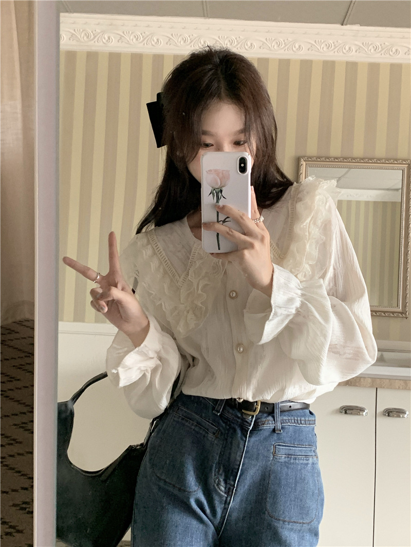 2023 New Fall Women's Clothing Korean Style French Lace Stitching Doll Collar Sweet Long Sleeve Shirt