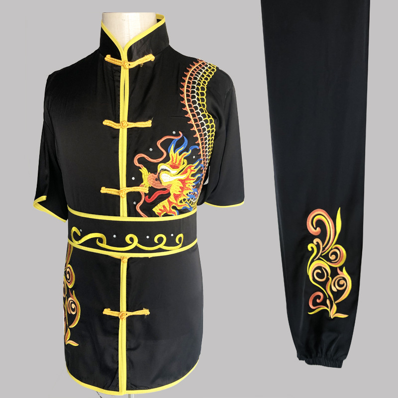 新款武术服刺绣龙练功服男女真丝绸表演比赛演出服儿童长拳南拳服