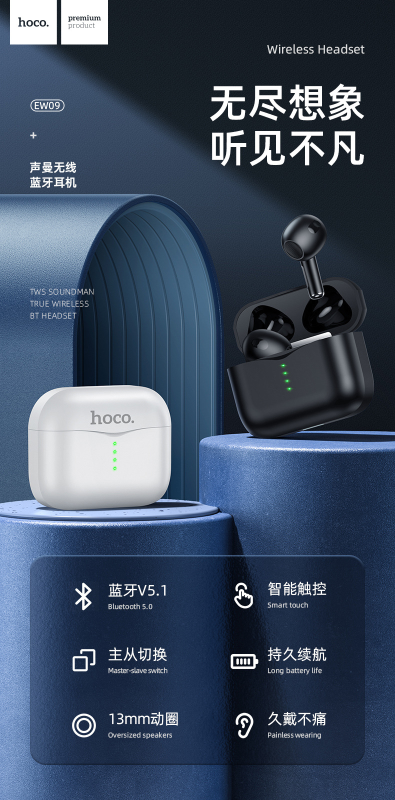 浩酷hoco ew09无线蓝牙耳机运动耳机 立体音 清晰通话主从切换