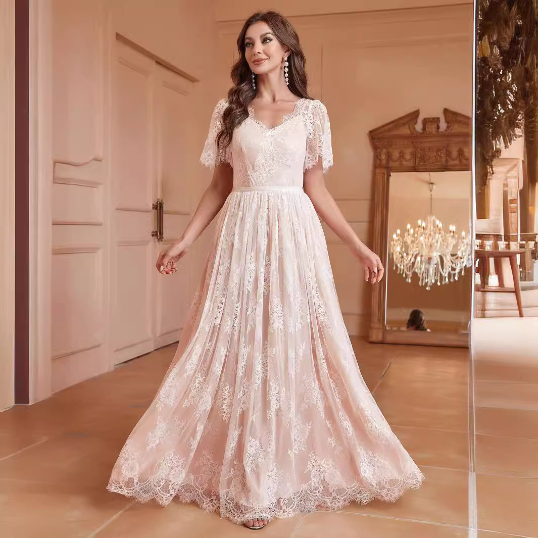 欧美外贸新款粉色里布 白色蕾丝礼服婚礼婚纱礼服伴娘礼服裙跨境