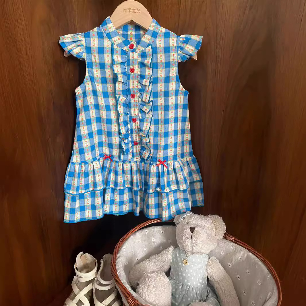 童裙莱抱抱2024夏季新品韩国童装韩版可爱甜美蓝格飞袖女童连衣裙
