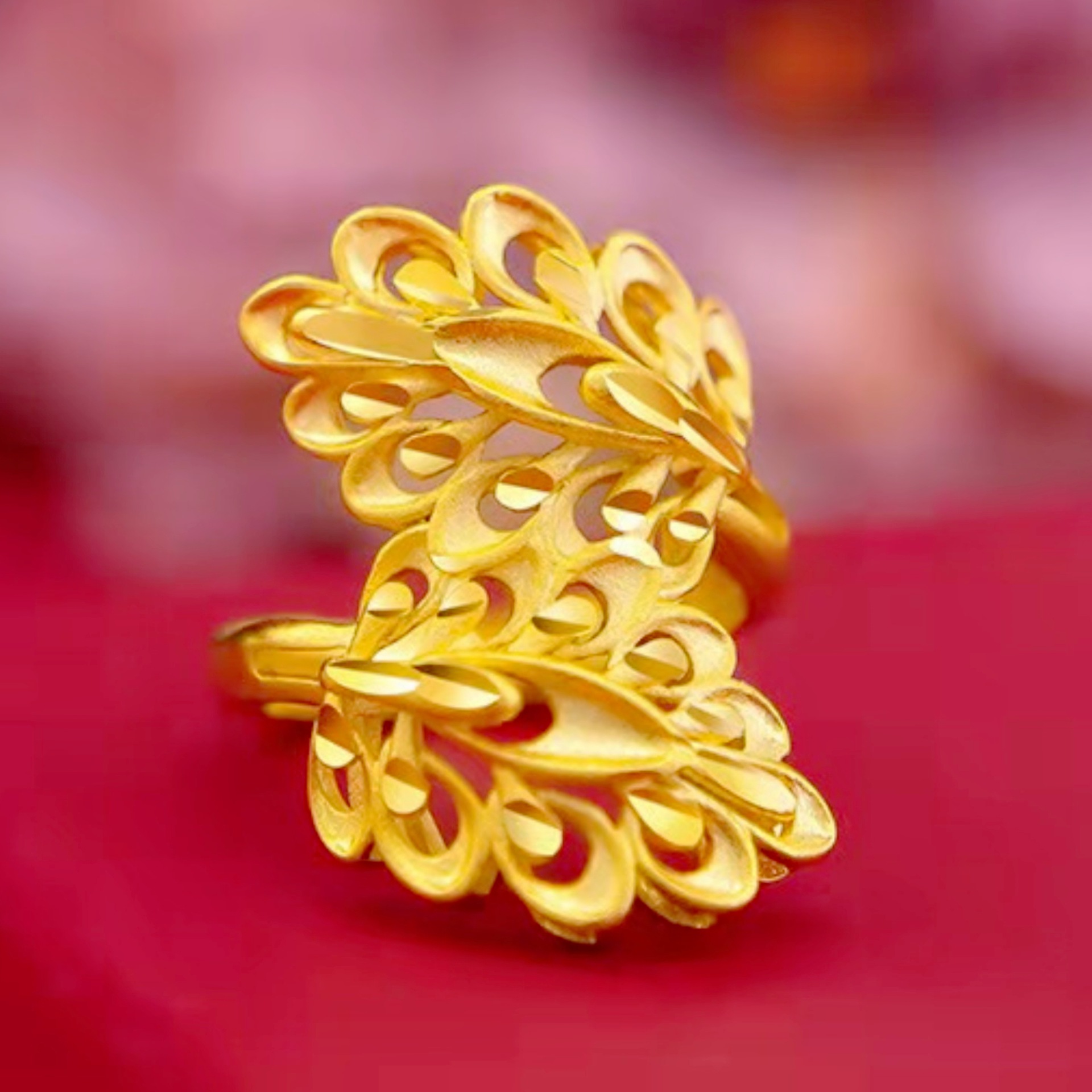 镀越南沙金戒指仿真黄金凤尾戒指 开口女可调节时尚个性花朵戒指