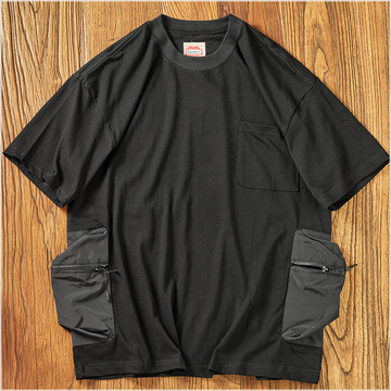 280g重磅水洗纯棉t恤男短袖圆领宽松日系工装立体口袋半袖体恤衫