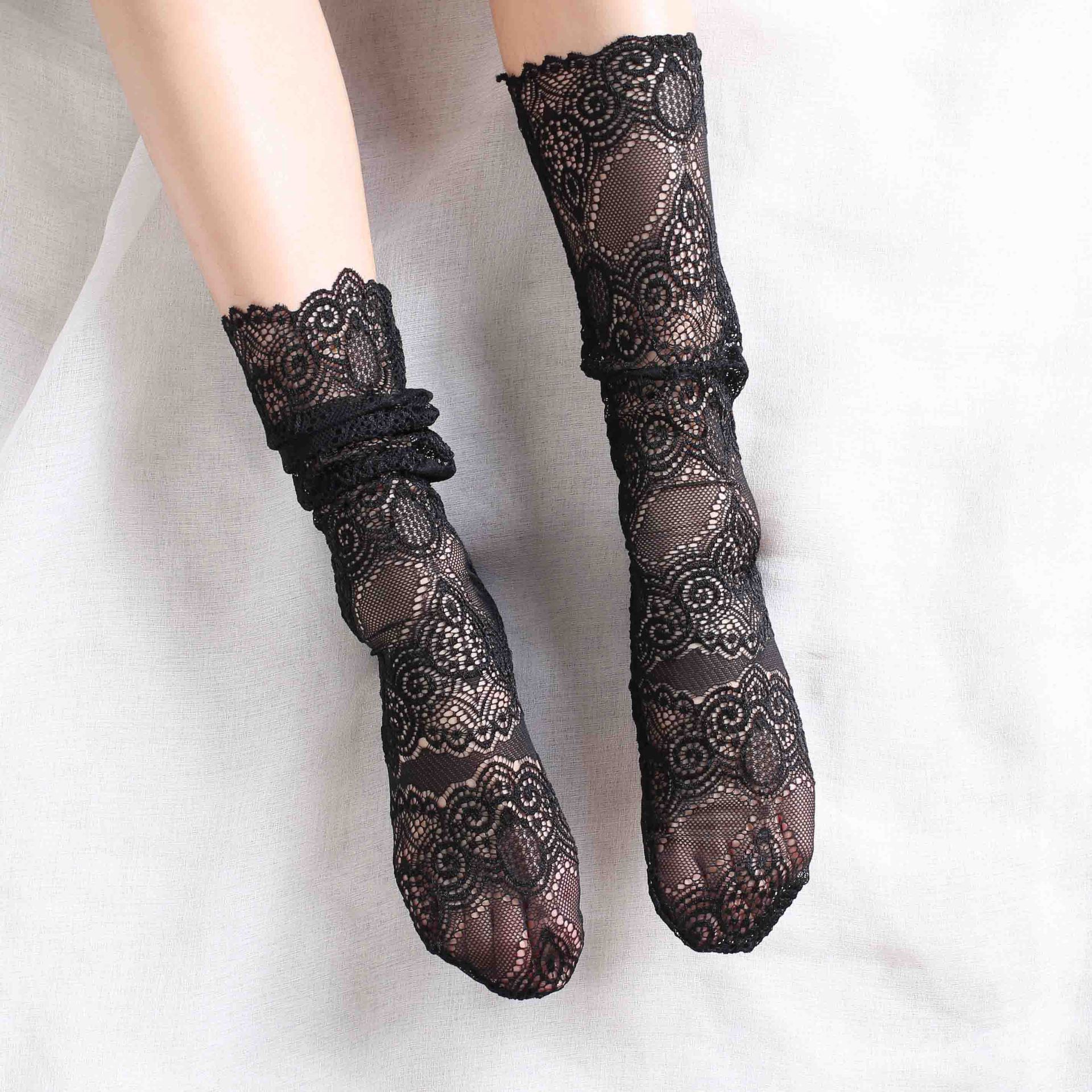 日系蕾丝网眼堆堆袜复古花边中筒春秋镂空花边长袜子韩国靴袜脚套