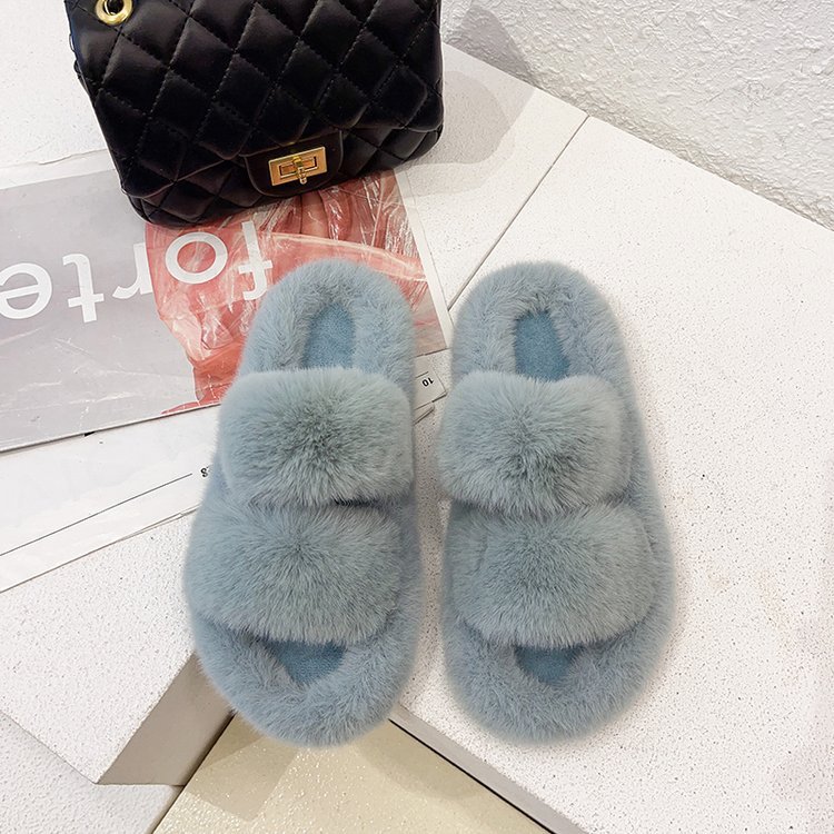 Autumn and Winter New Double Strap Fur Slipper Outdoor Fashion Casual Women's One-Word Cotton Slippers Flat Home 42 Plush Slippers