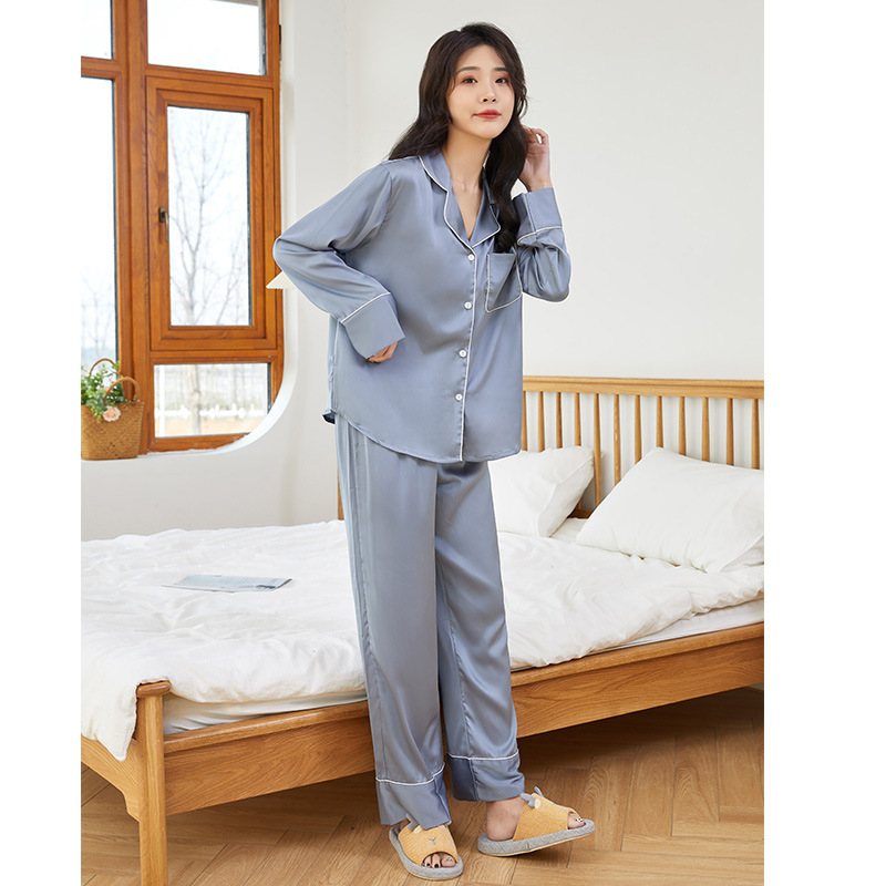 Pajamas Women's Autumn and Winter Ice Silk Long Sleeve Cardigan Suit Internet Celebrity Live Broadcast Solid Color plus Size Casual Homewear Spring and Summer