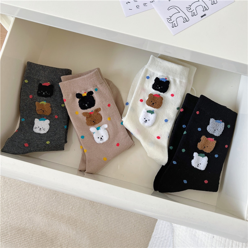 Women's Cartoon Cute Bear Socks Women's Socks Tube Socks Cotton Socks Ins Trendy Korean Style Colorful Polka Dot Long Socks Bunching Socks