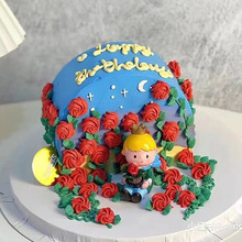 网红玫瑰花小王子蛋糕摆件 情人节表白手绘生日蛋糕装饰摆件插件