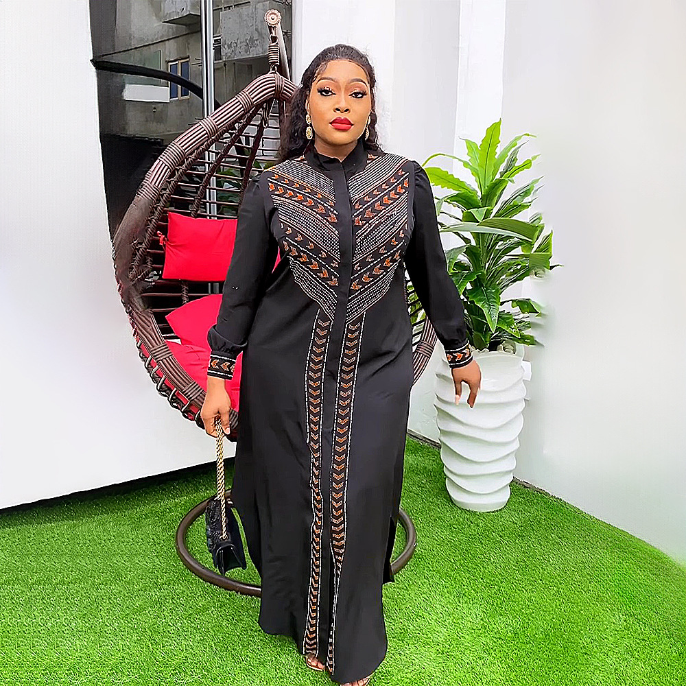 跨境欧美女装黑色烫钻长袍非洲速卖通钉珠新款扣子开衫大码连衣裙