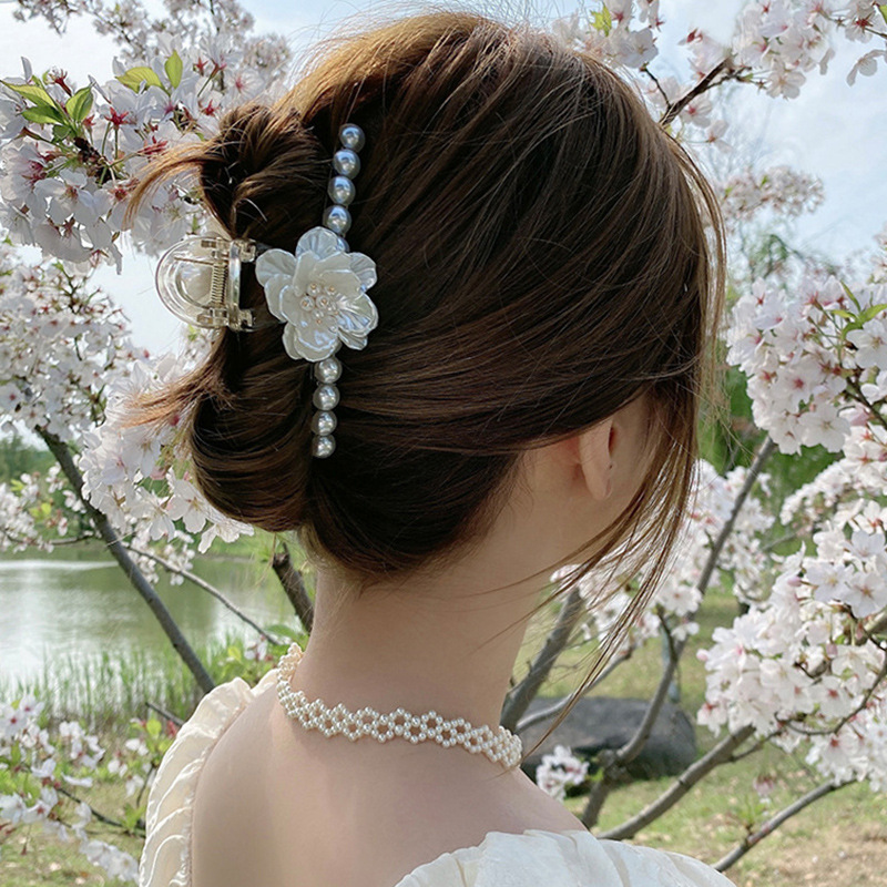 Korean Style Elegant Graceful Camellia Hair Accessories Pearl Cross Updo Hairpin High Sense Internet-Famous Hair Clip Grip