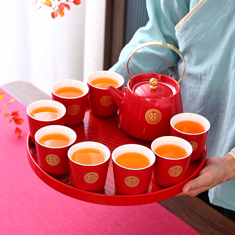 Wedding Tea Set Red Large Engagement Dowry Wedding Ceremony Modified Tea Cup Ceramic Teapot Happiness Plate Gift Box