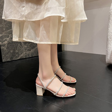 高跟水钻凉鞋女2024夏季新款外穿法式透明配裙子水晶粗跟仙女拖鞋