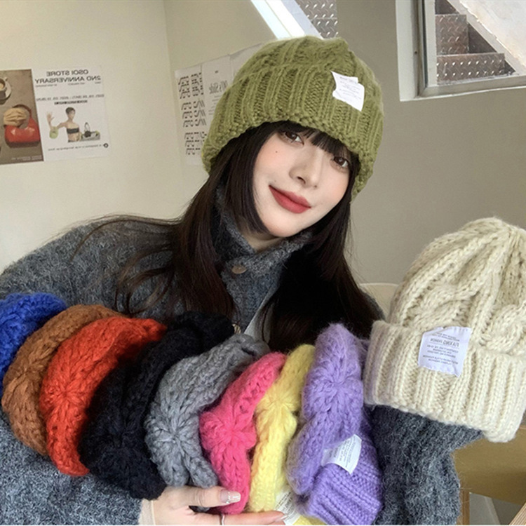 麻花毛线帽女2021年新款粗针织毛线帽秋冬季百搭克莱因蓝帽子批发