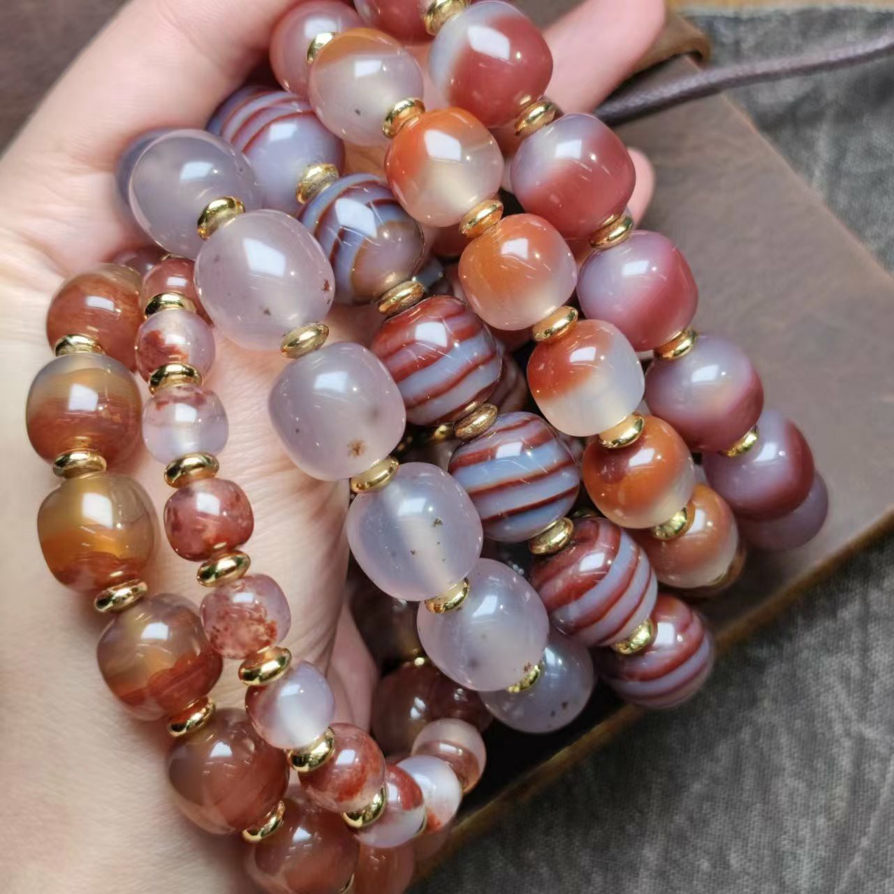 天原冰透朱砂线珠条纹玛瑙算盘珠手串天珠佛珠手链男女士值得收藏