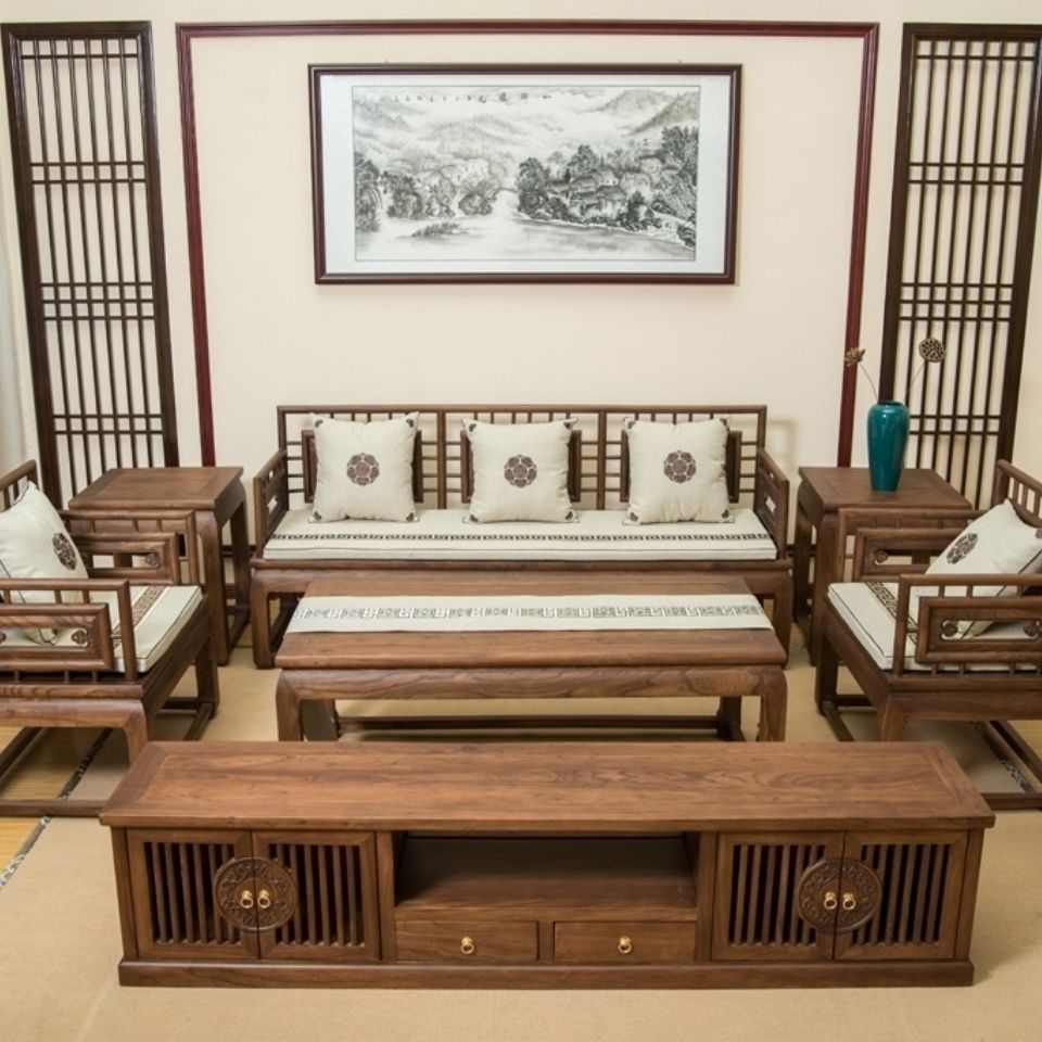 老榆木实木沙发组合新中式现代简约古典客厅全实木家具榫卯六件套