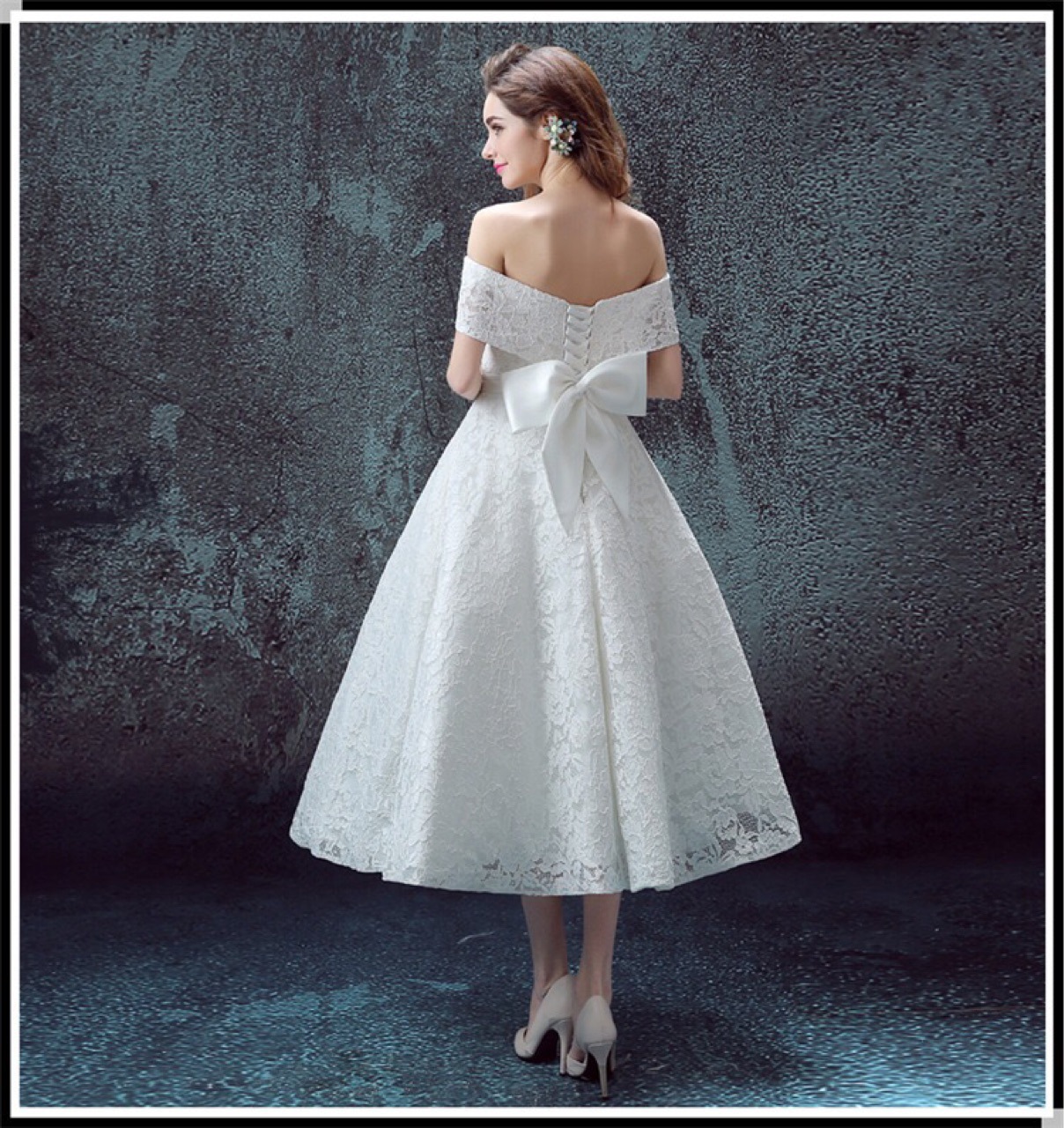 晚礼服女冬季中长款简约白色一字肩甜美带骨蕾丝修身晚礼服伴娘服