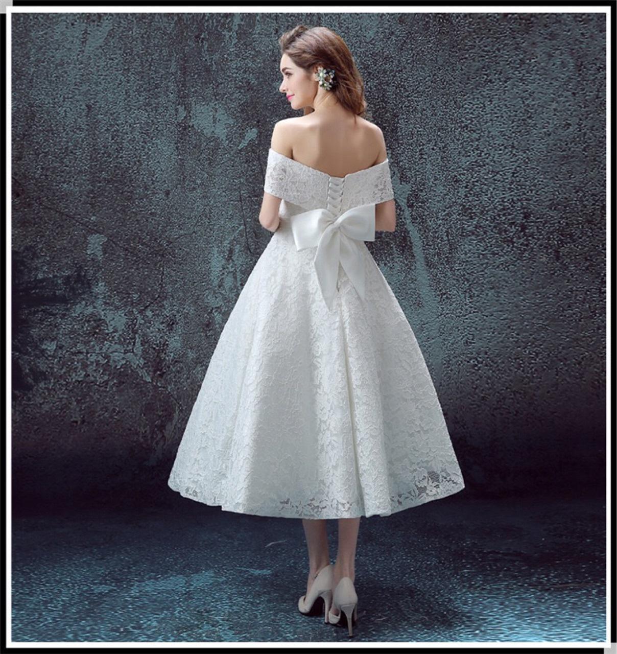 晚礼服女冬季中长款简约白色一字肩甜美带骨蕾丝修身晚礼服伴娘服