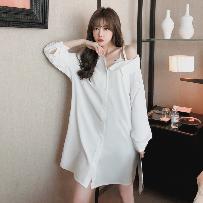 白衬衫睡衣女夏吊带露肩性感男朋友bf风长袖睡冰丝睡裙家居服代发