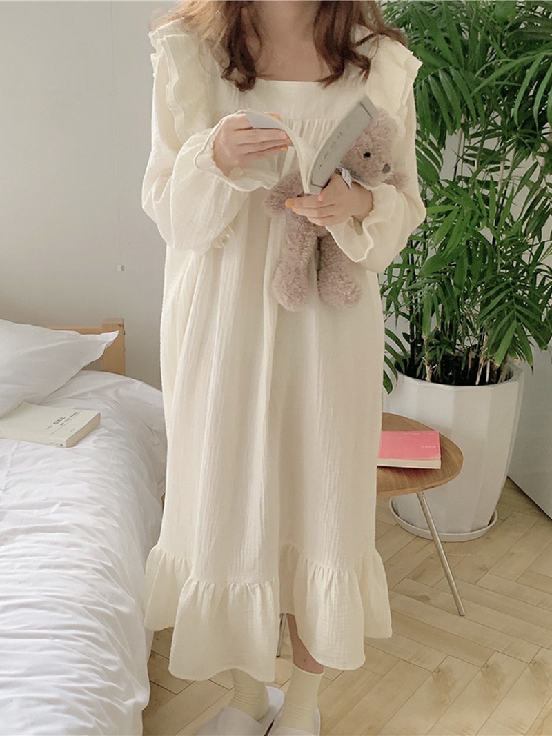 2023 Spring New Korean Style Minimalist Square Collar Lace Long-Sleeved Dress Cotton Yarn Women's Nightdress Home Wear