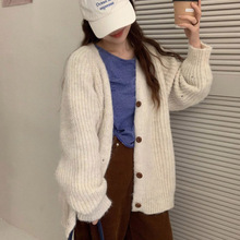 v领针织开衫秋冬慵懒风中长款宽松显瘦百搭纯色加厚毛衣外套女装