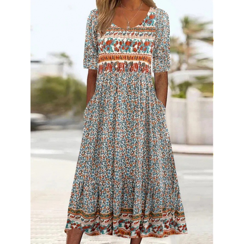 2024 European and American Amazon Summer New Women's round Neck Short Sleeve Dress Bohemian Print Dress Women