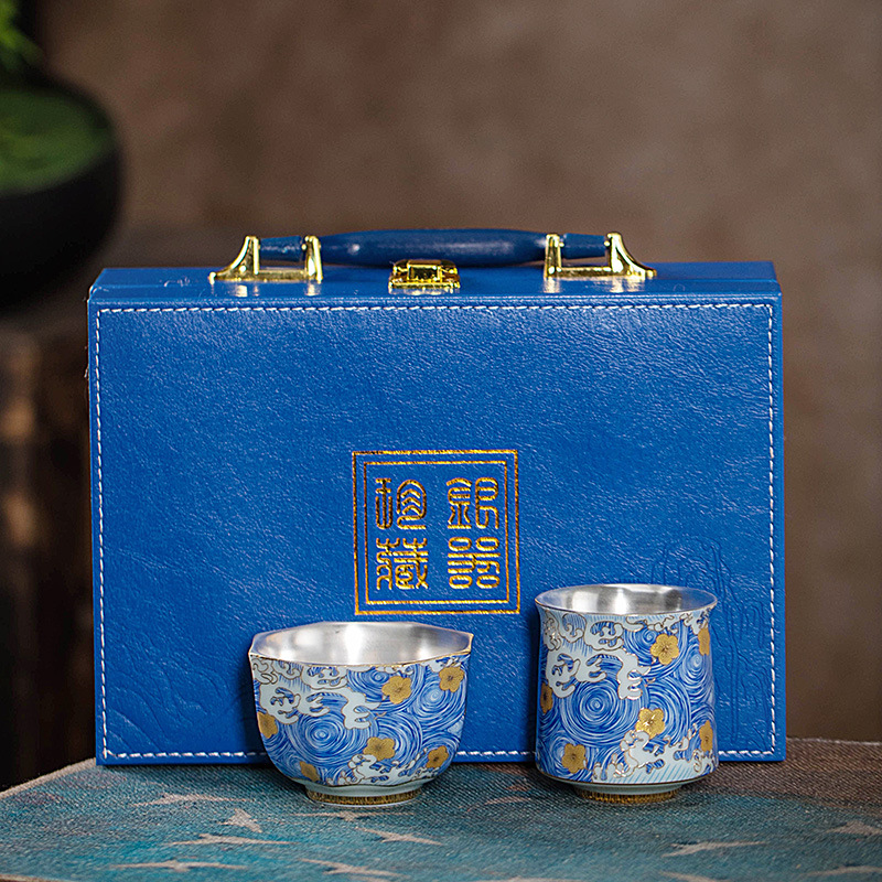 银杯子珐琅彩纯银茶杯陶瓷功夫主人杯中式高档轻奢复古金银鎏银杯