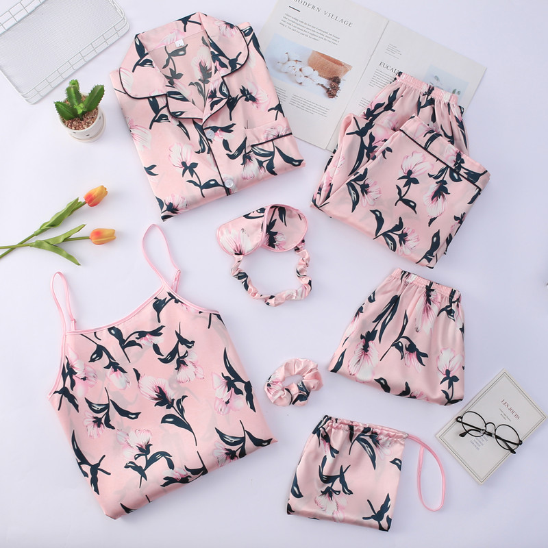 One Piece Dropshipping New Flower Seven-Piece Pajamas Women's Spring Long-Sleeved Silk-like Sexy Home Wear Suit Pajamas