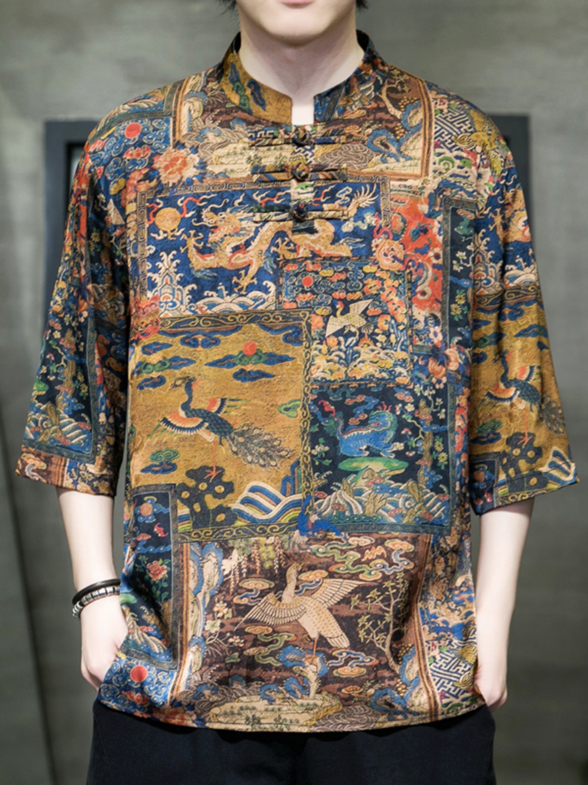 民族风男装t恤潮牌复古唐装印花体恤夏季男士短袖宽松半袖上衣薄