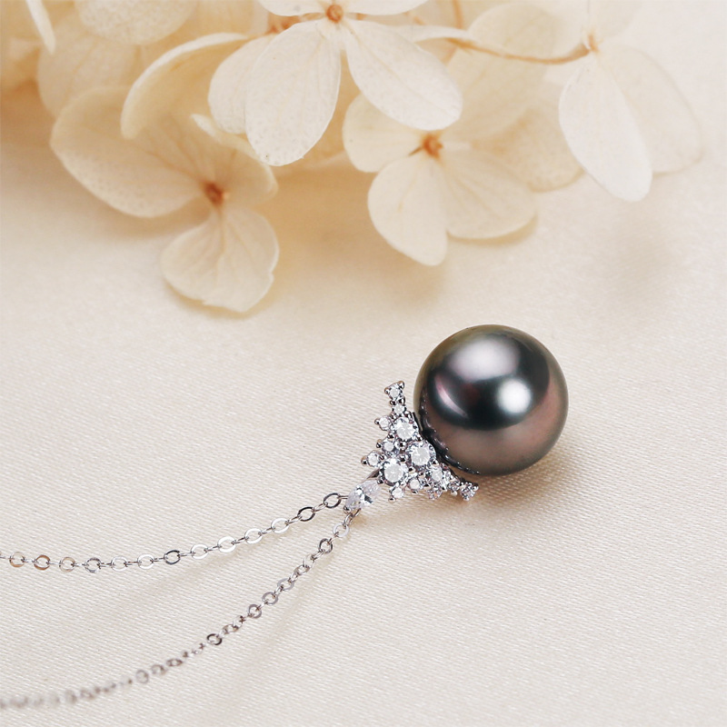 Sea Tahidi Black Pearl 18K Gold Pendant S925 Silver Ice Queen Perfect Circle Pearl Necklace for Women