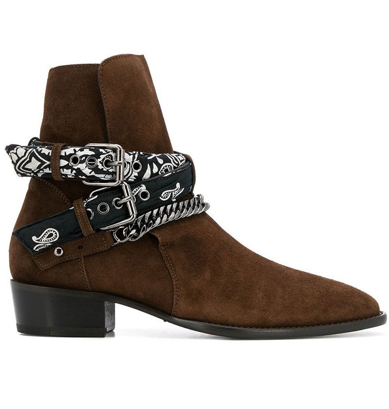 高街腰花amiri切尔西靴尖头马丁靴男个性牛仔真皮搭扣短靴链条