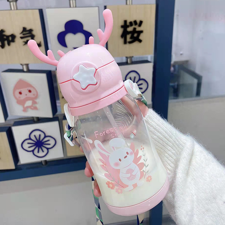 New Internet Celebrity Cup Cartoon Drinking Cup Children's Large Capacity Antlers Plastic Cup Student Gift Cup with Straw Wholesale