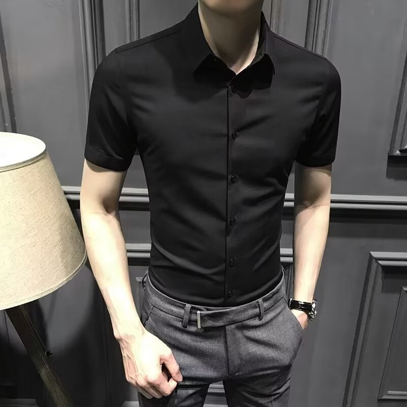 黑色衬衫男短袖修身韩版潮流休闲寸衫男士2024新款白色衬衣男免烫