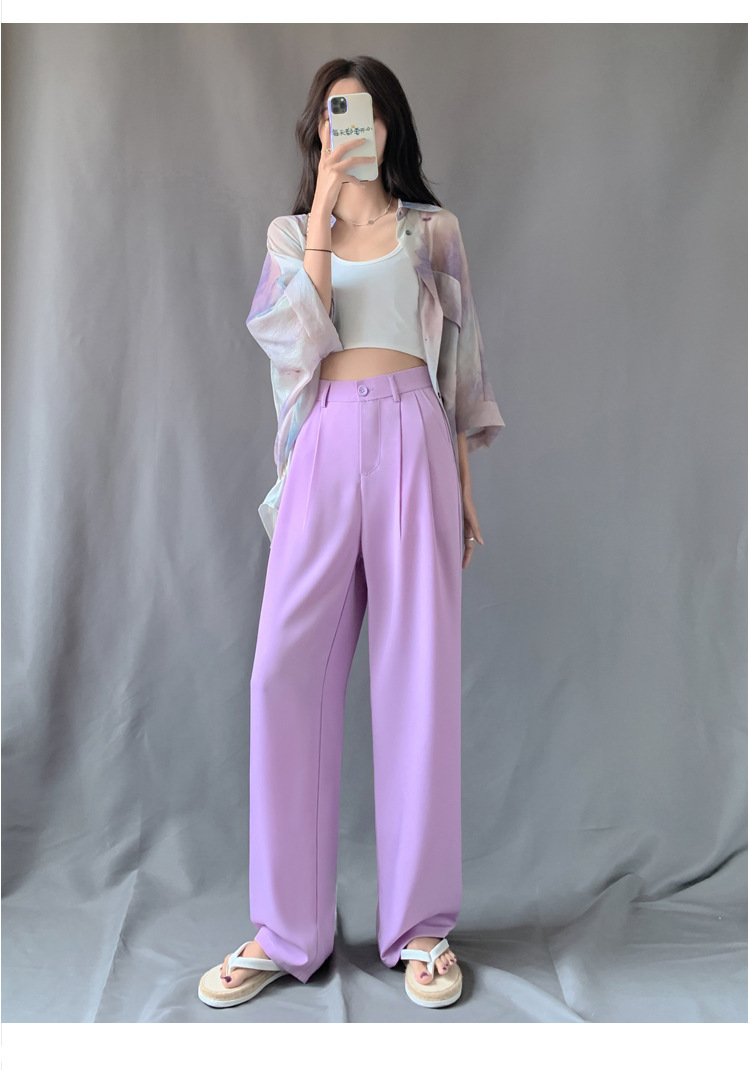 实拍小个子阔腿裤垂感女2021夏冰丝薄款高腰拖地裤显高直筒西装裤