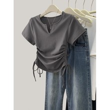 灰色v领短款抽绳正肩短袖t恤女夏季2024新款设计感小众修身上衣潮
