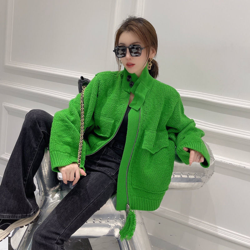抖音爆款韩国东大2021年新款绿色毛衣外套开衫女秋冬加厚针织衫